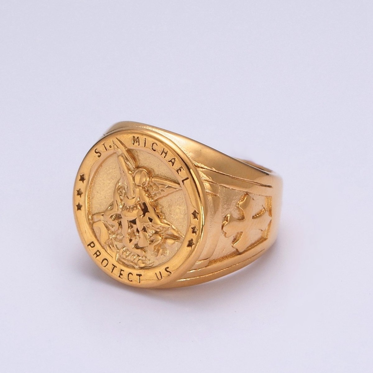 Gold, Silver, Bronze, Mixed Metal Stainless Steel Saint St. Michael Protection Signet Ring