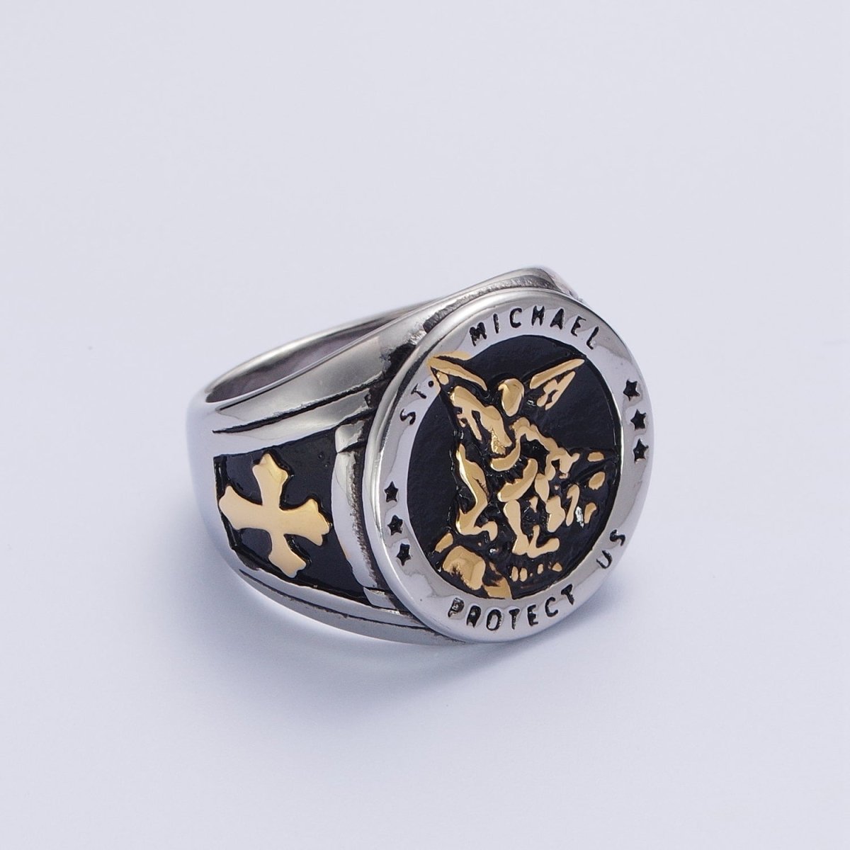 Gold, Silver, Bronze, Mixed Metal Stainless Steel Saint St. Michael Protection Signet Ring
