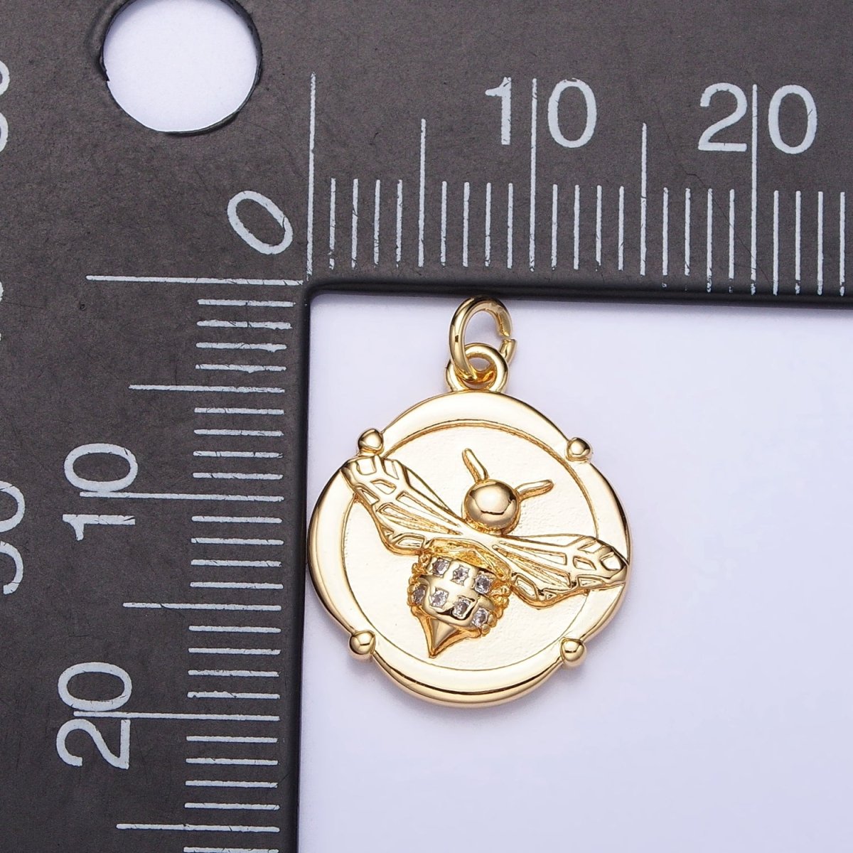 Gold, Silver Bumble Bee Micro Paved Insect Stamped Quatrefoil Round Charm | AC689 AC690