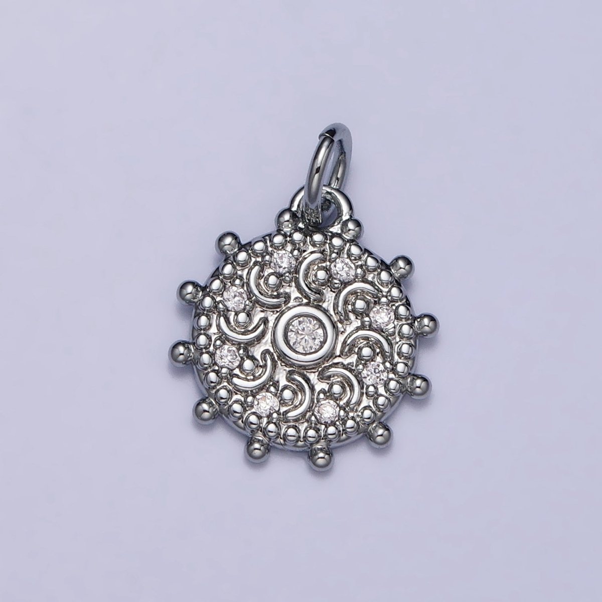 Gold, Silver Clear CZ Celestial Crescent Moon Textured Dotted Outline Charm | AC973 AC1009