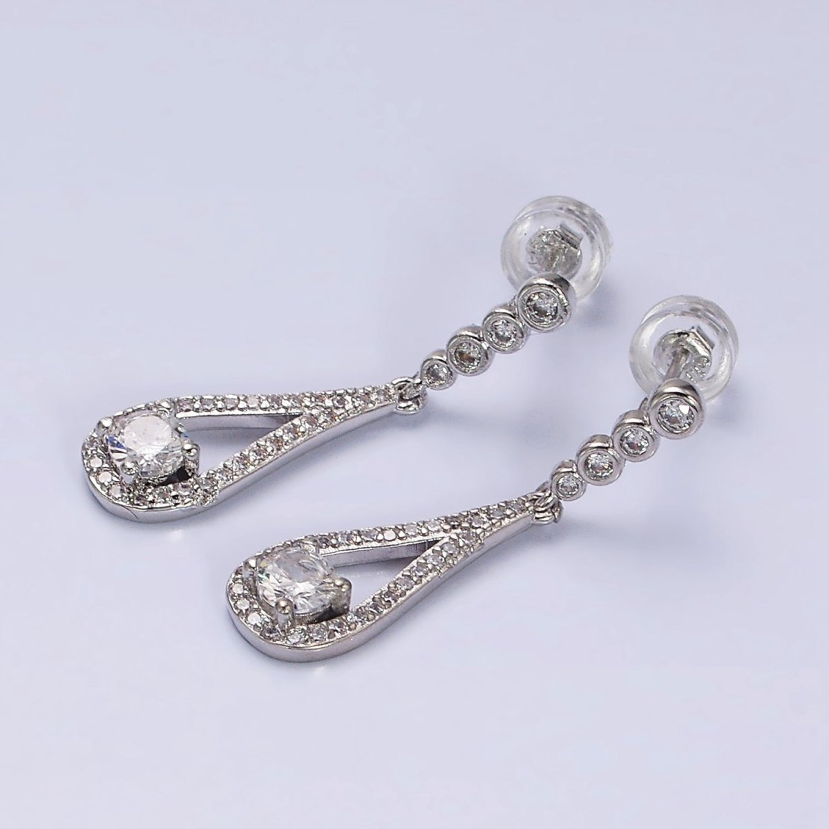 Gold, Silver Clear CZ Round Open Teardrop Linear Drop Stud Earrings | AD964 AD965
