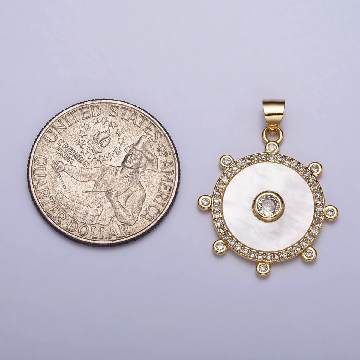 Gold, Silver Clear CZ Shell Pearl Round Micro Paved Dotted Outline Pendant | AA407 AA408