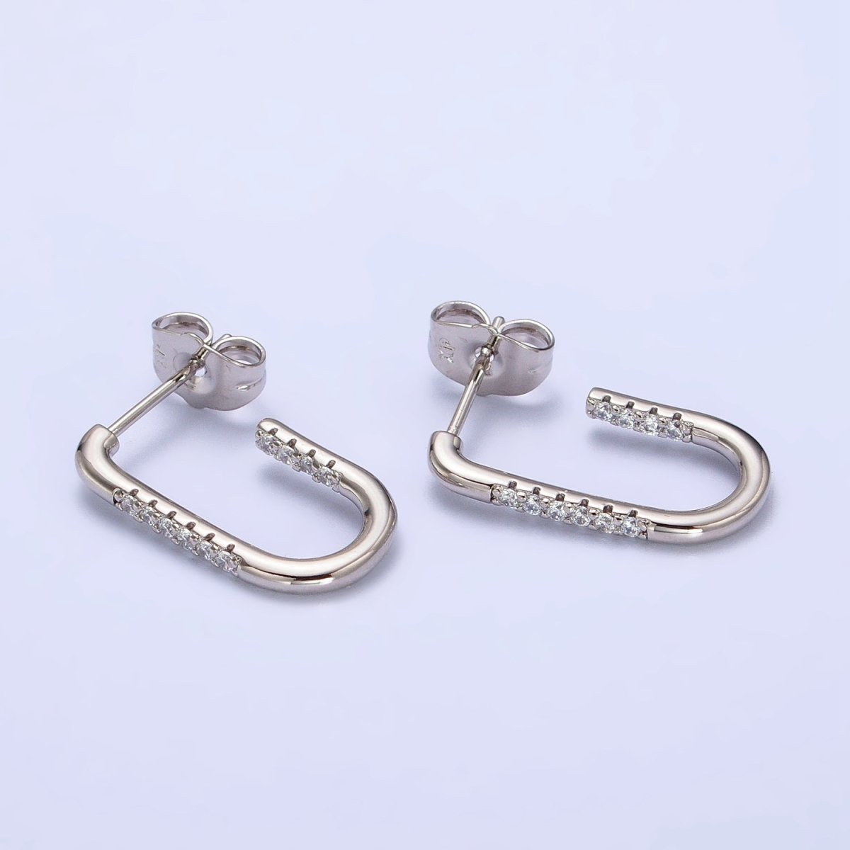 Gold, Silver Clear Micro Paved CZ Front J-Shaped Geometric Hoop Earrings | AD-053 AB-430