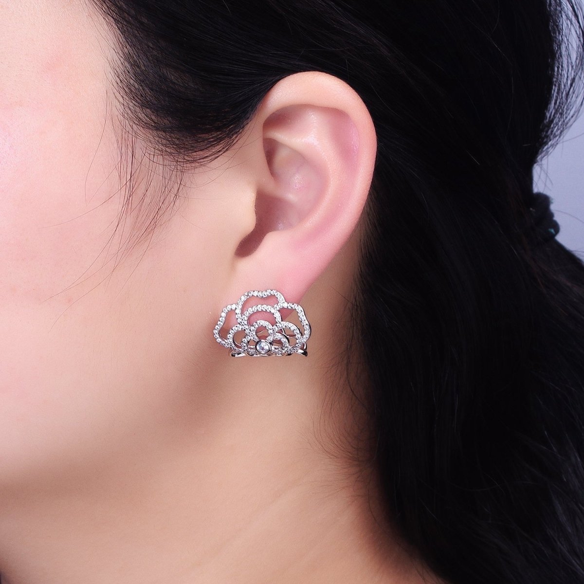 Gold, Silver Curved Rose Flower Nature Micro Paved CZ Stud Earrings | AB594 AB595
