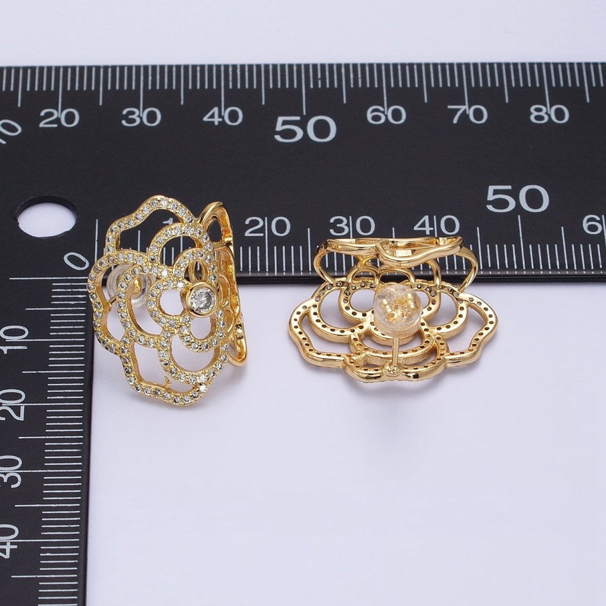Gold, Silver Curved Rose Flower Nature Micro Paved CZ Stud Earrings | AB594 AB595