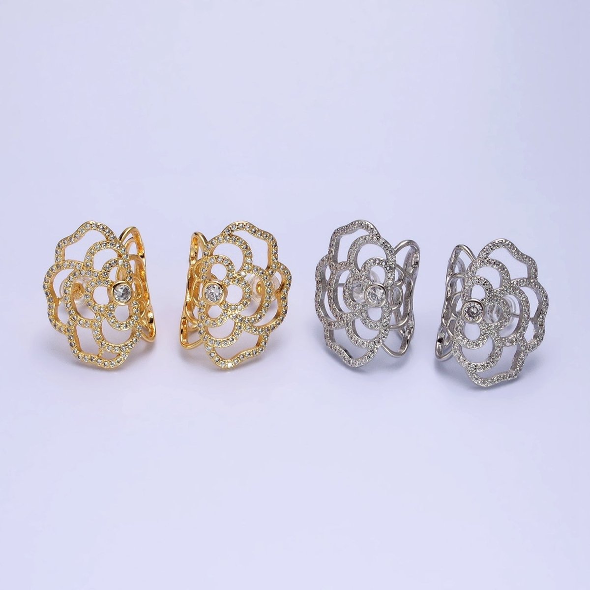 Gold, Silver Curved Rose Flower Nature Micro Paved CZ Stud Earrings | AB594 AB595
