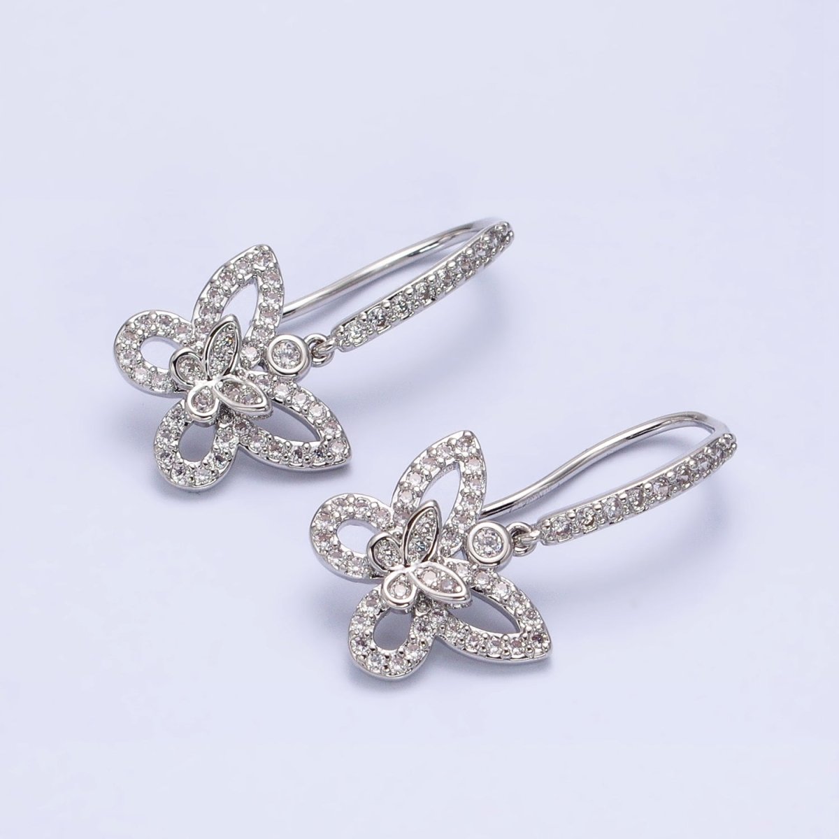 Gold, Silver Double Butterfly Mariposa Clear Micro Paved CZ French Hook Earrings | AB576 AB577