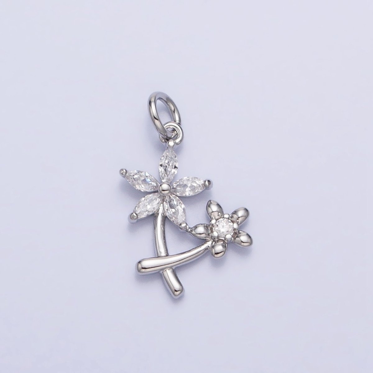 Gold, Silver Double Daisy Flower Marquise CZ Nature Add-On Charm | AC675 AC676