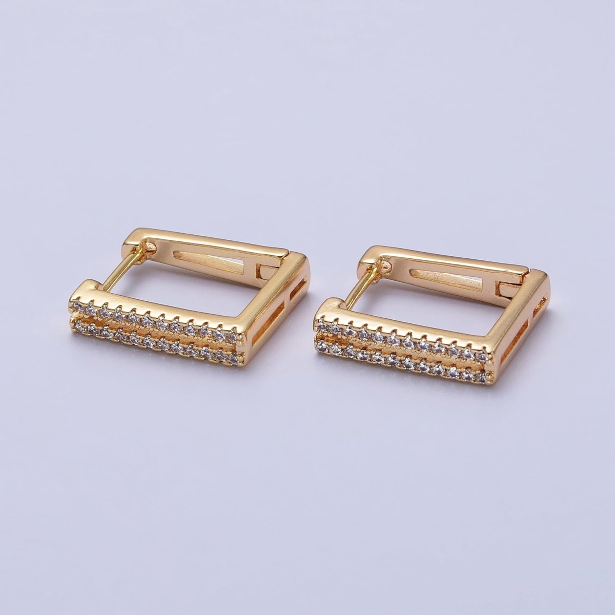 Gold, Silver Double Micro Paved CZ Lined Square Geometric Hoop Earrings | AB478 AB487
