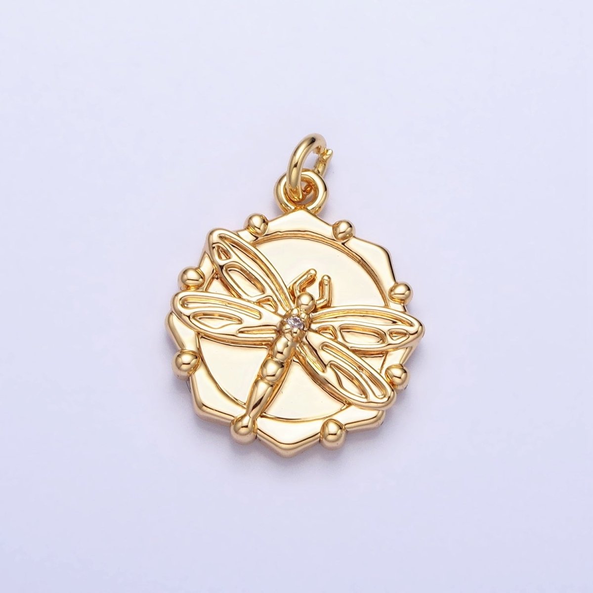 Gold, Silver Dragonfly Insect Round Octagonal Charm | AC757 AC758