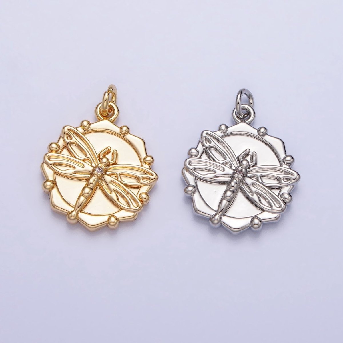 Gold, Silver Dragonfly Insect Round Octagonal Charm | AC757 AC758