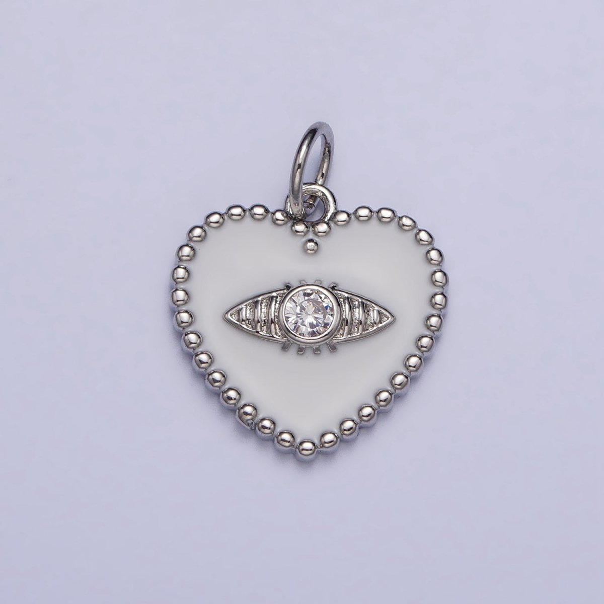 Gold, Silver Evil Eye Clear CZ White Enamel Beaded Heart Charm | AC999 AC1000