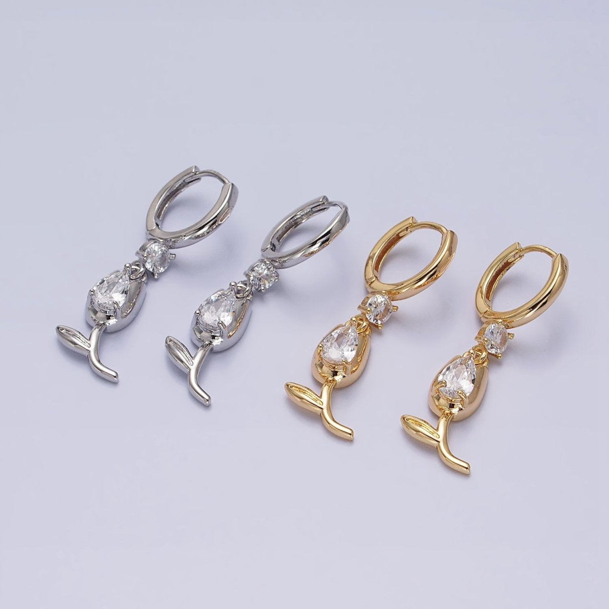 Gold, Silver Flower Tulip Clear CZ Drop Dangle Huggie Earrings | AD781 AD783