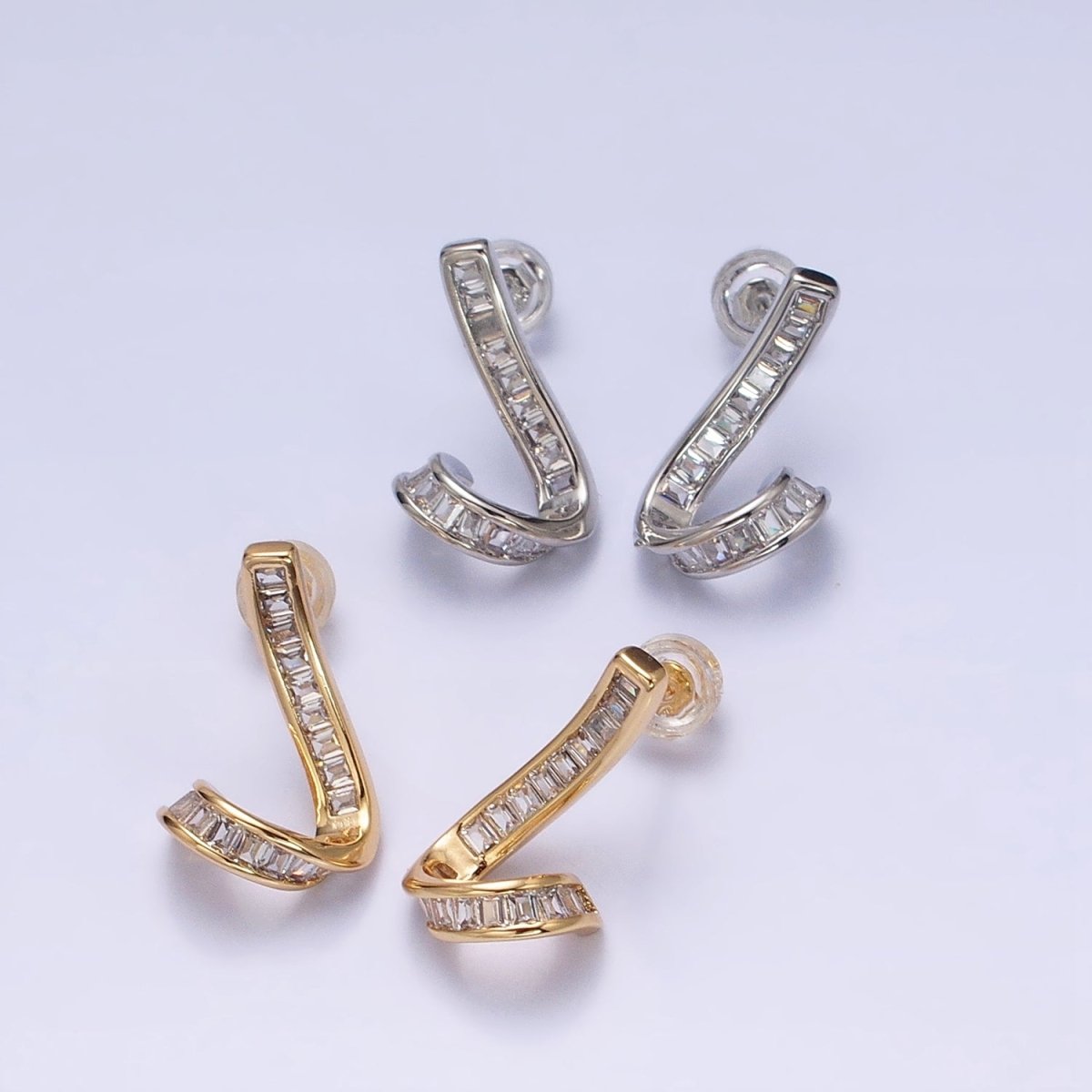 Gold, Silver Geometric Clear Baguette Bar Twirl Stud Earrings | AD893 AD894