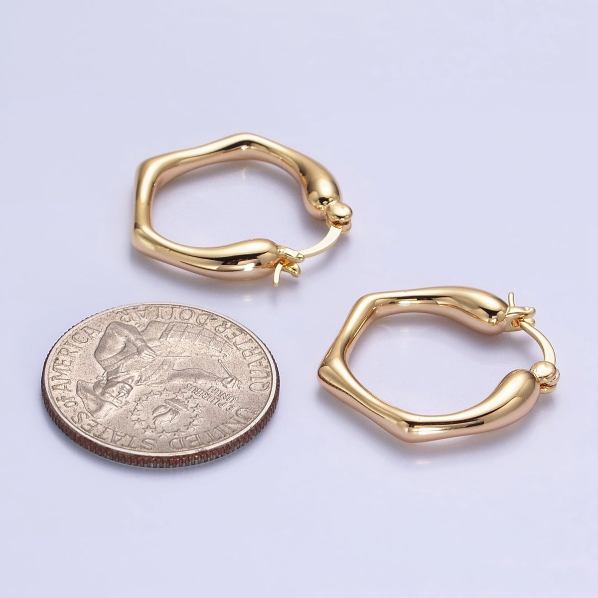 Gold, Silver Hexagonal Abstract Geometric 25mm Latch French Lock Hoop Earrings | AB916 AB444