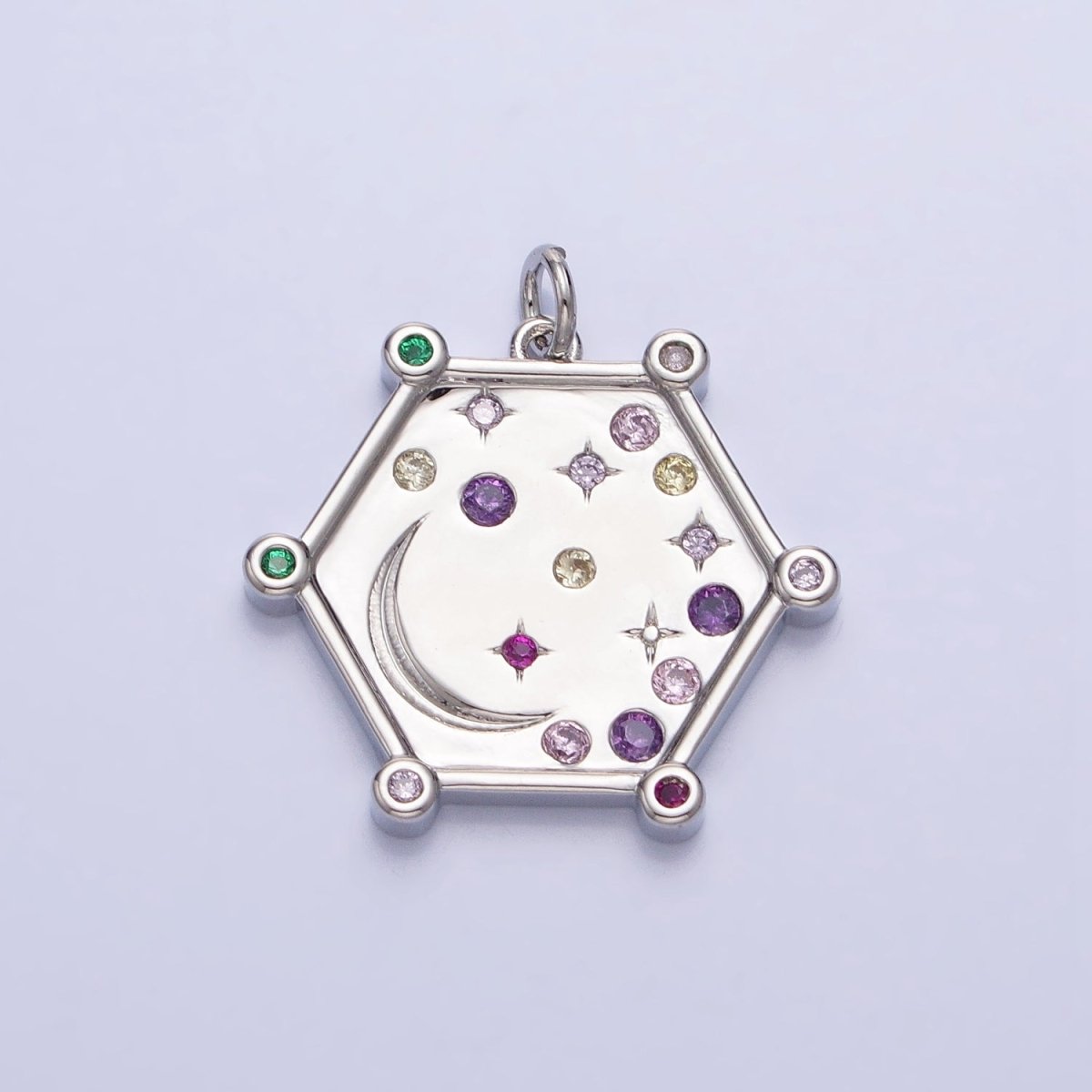 Gold, Silver Hexagonal Celestial Moon Clear, Pink & Green, Purple & Yellow Multicolor Charm | AC695 - AC696