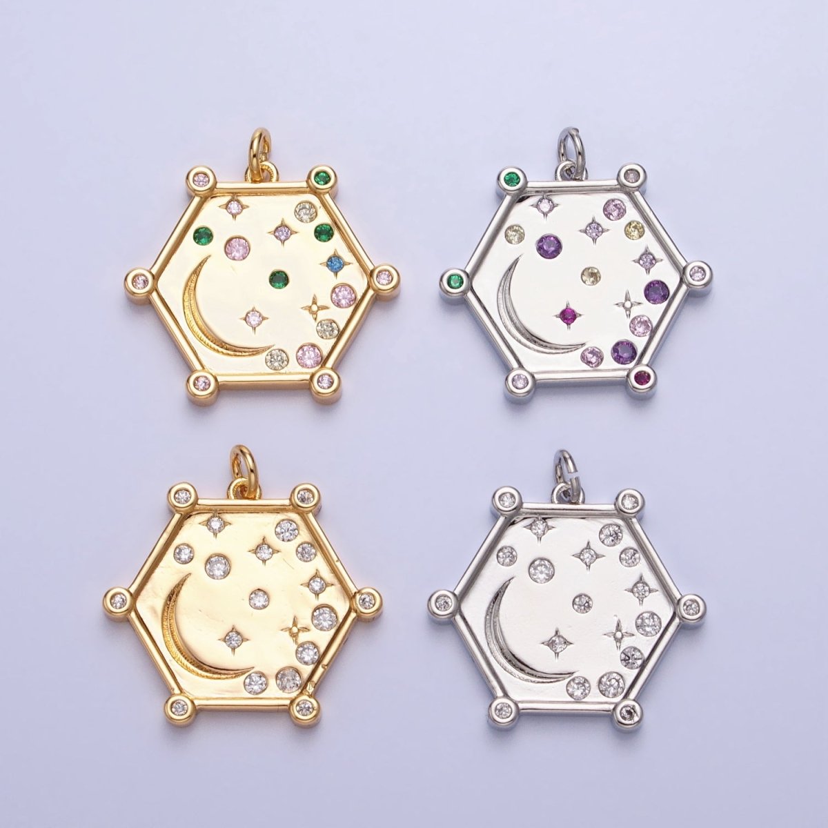 Gold, Silver Hexagonal Celestial Moon Clear, Pink & Green, Purple & Yellow Multicolor Charm | AC695 - AC696