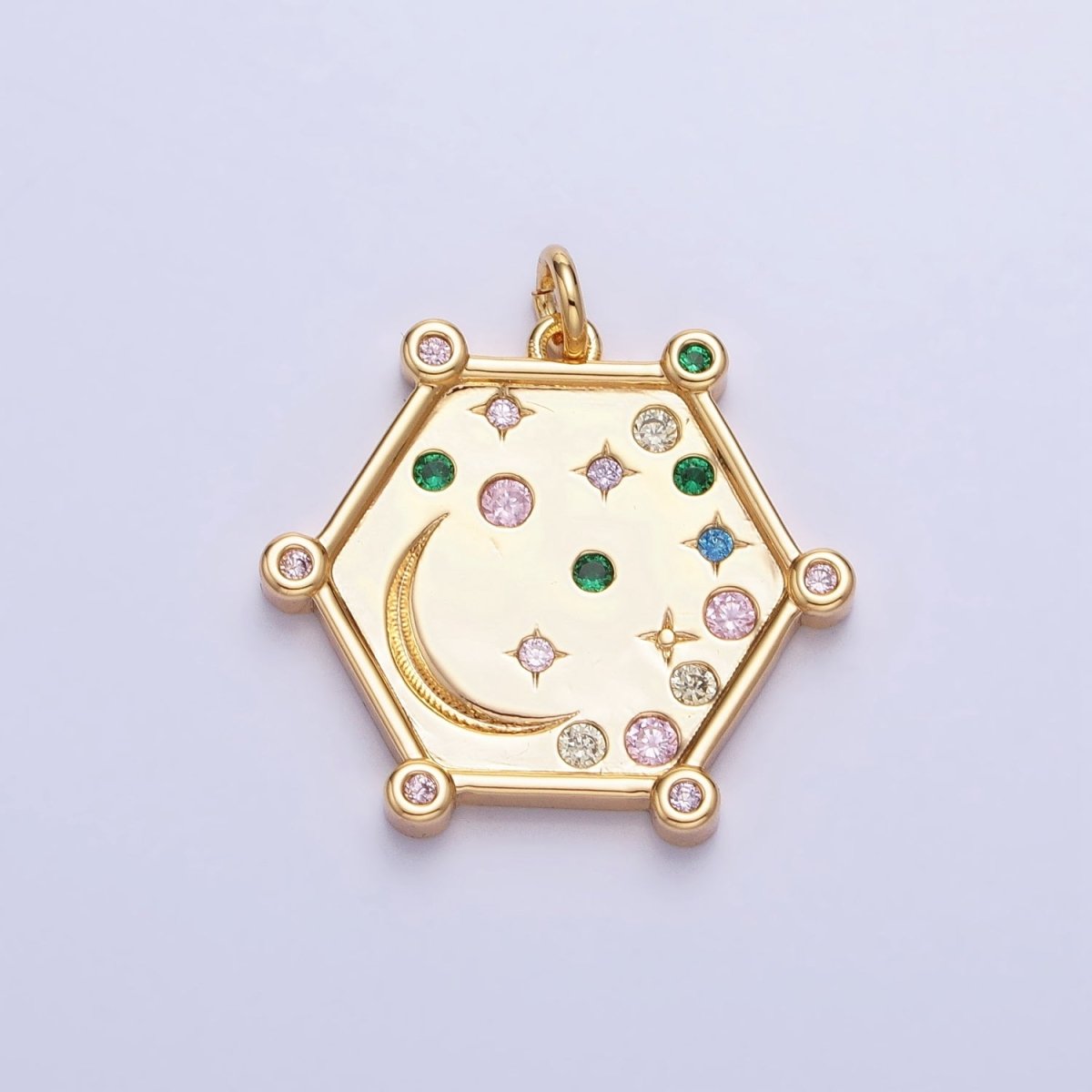 Gold, Silver Hexagonal Celestial Moon Clear, Pink & Green, Purple & Yellow Multicolor Charm | AC695 - AC696