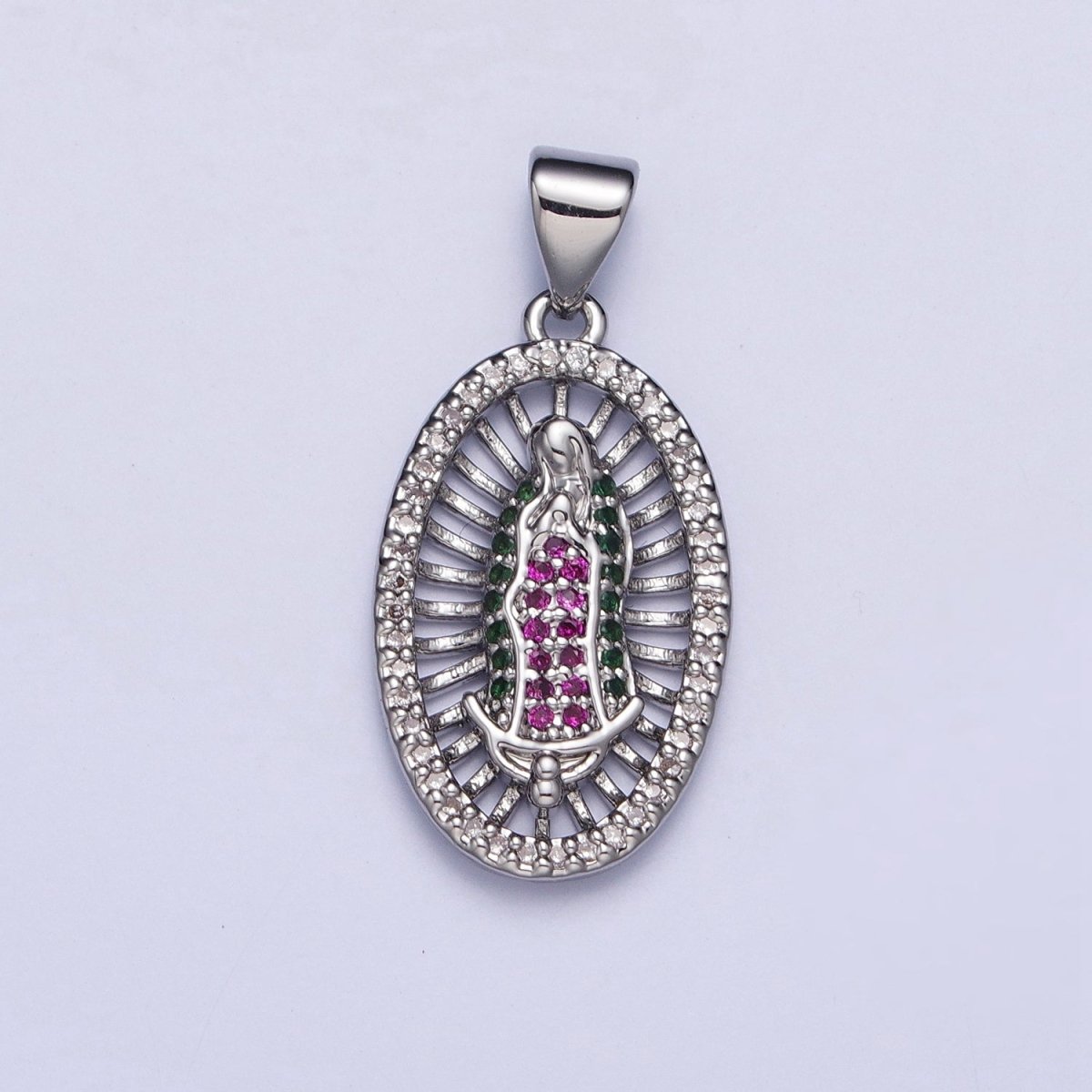 Gold, Silver Mary Lady Guadalupe Multicolor Micro Paved CZ Oval Pendant | AA409 AA410