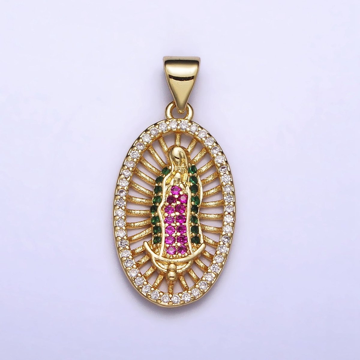 Gold, Silver Mary Lady Guadalupe Multicolor Micro Paved CZ Oval Pendant | AA409 AA410