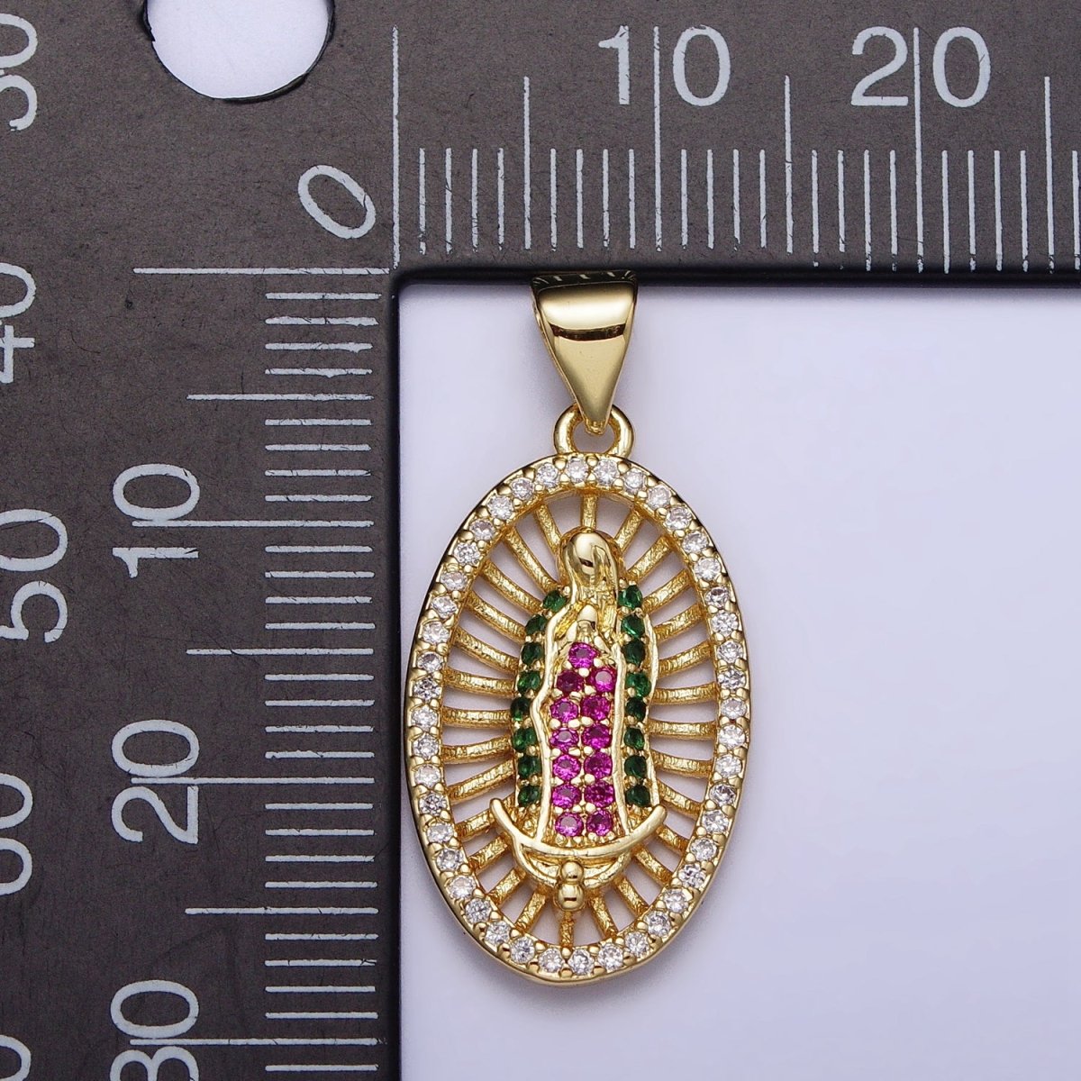 Gold, Silver Mary Lady Guadalupe Multicolor Micro Paved CZ Oval Pendant | AA409 AA410