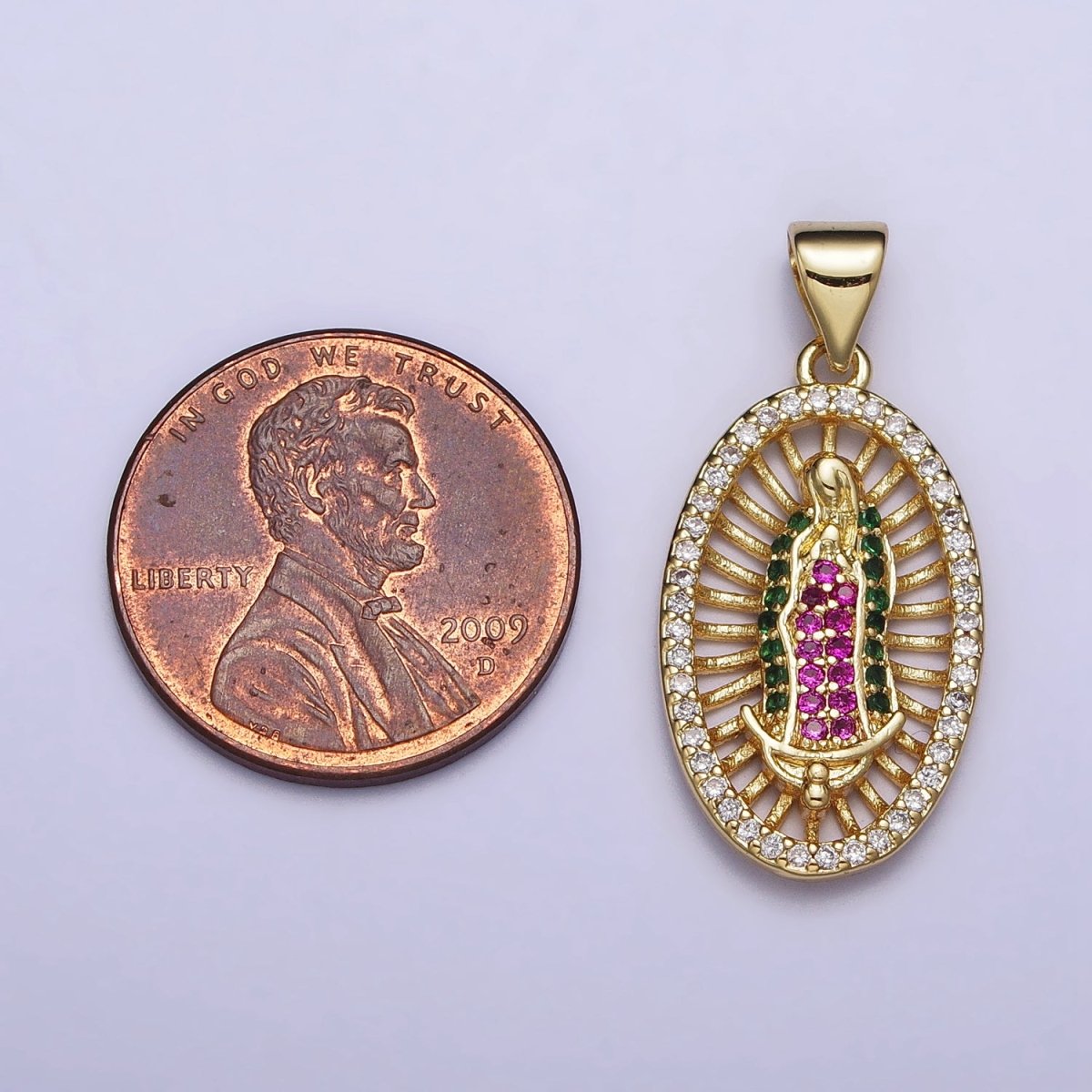 Gold, Silver Mary Lady Guadalupe Multicolor Micro Paved CZ Oval Pendant | AA409 AA410