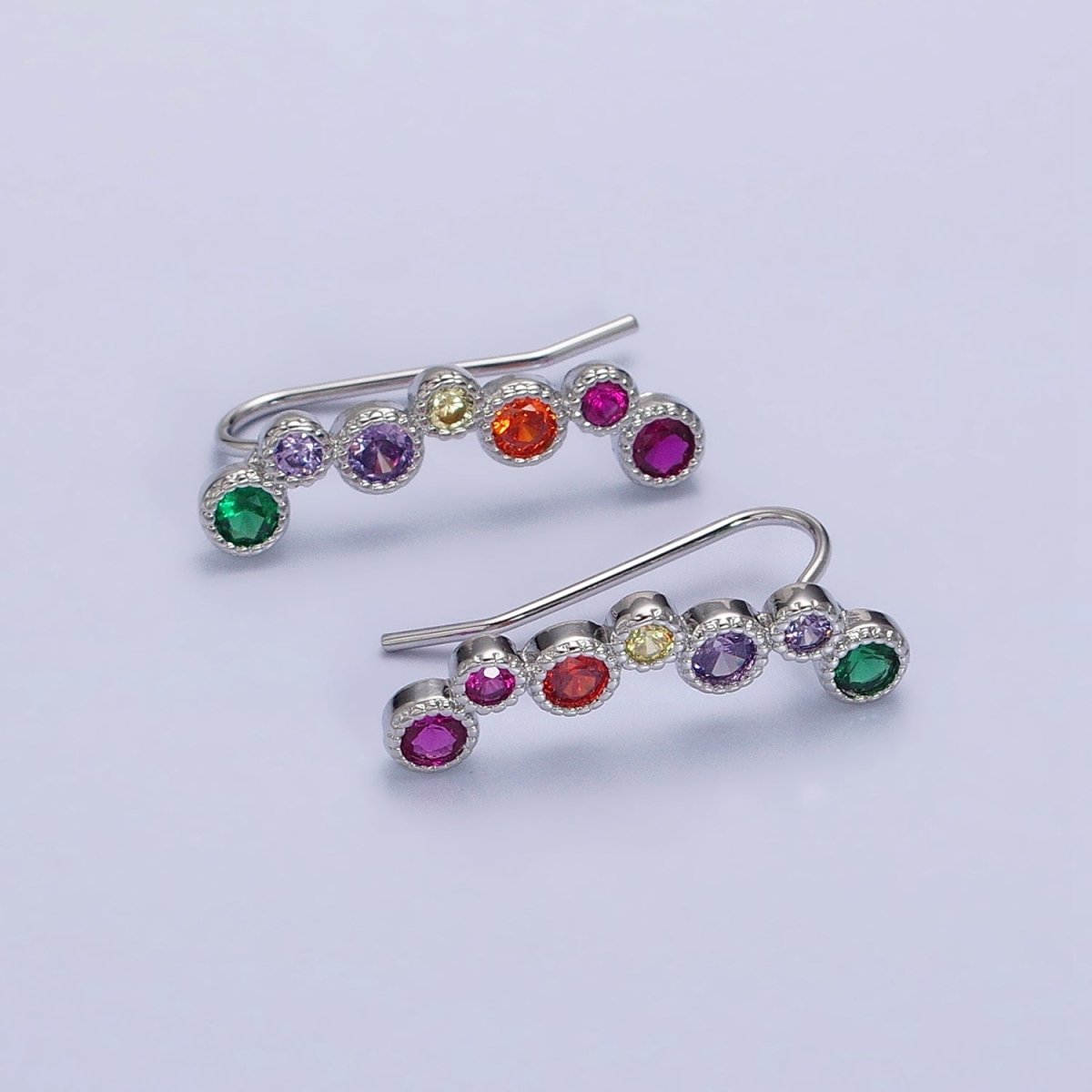 Gold, Silver Multicolor Round Bezel CZ Lined Ear Climber Earrings | AB596 AB597