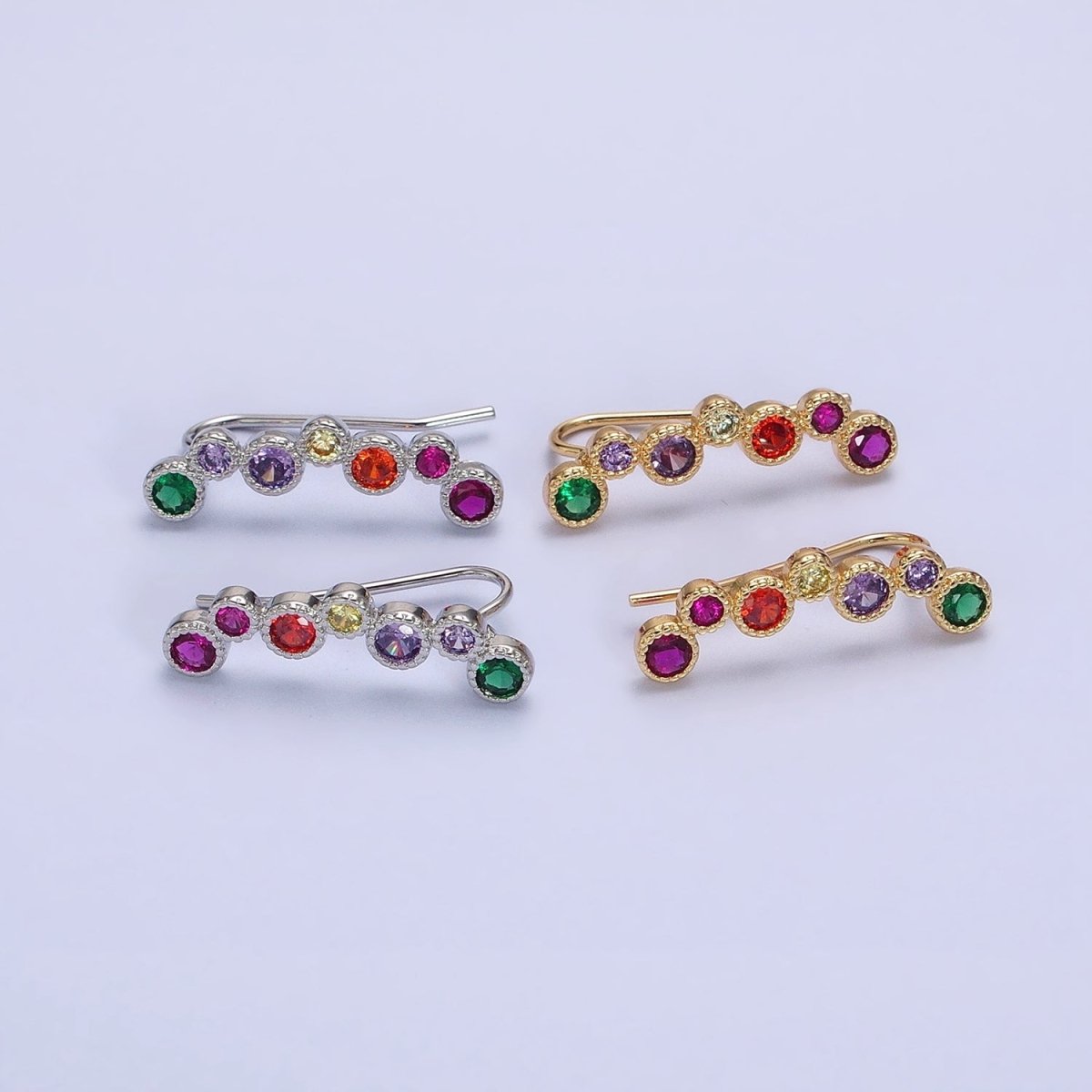 Gold, Silver Multicolor Round Bezel CZ Lined Ear Climber Earrings | AB596 AB597