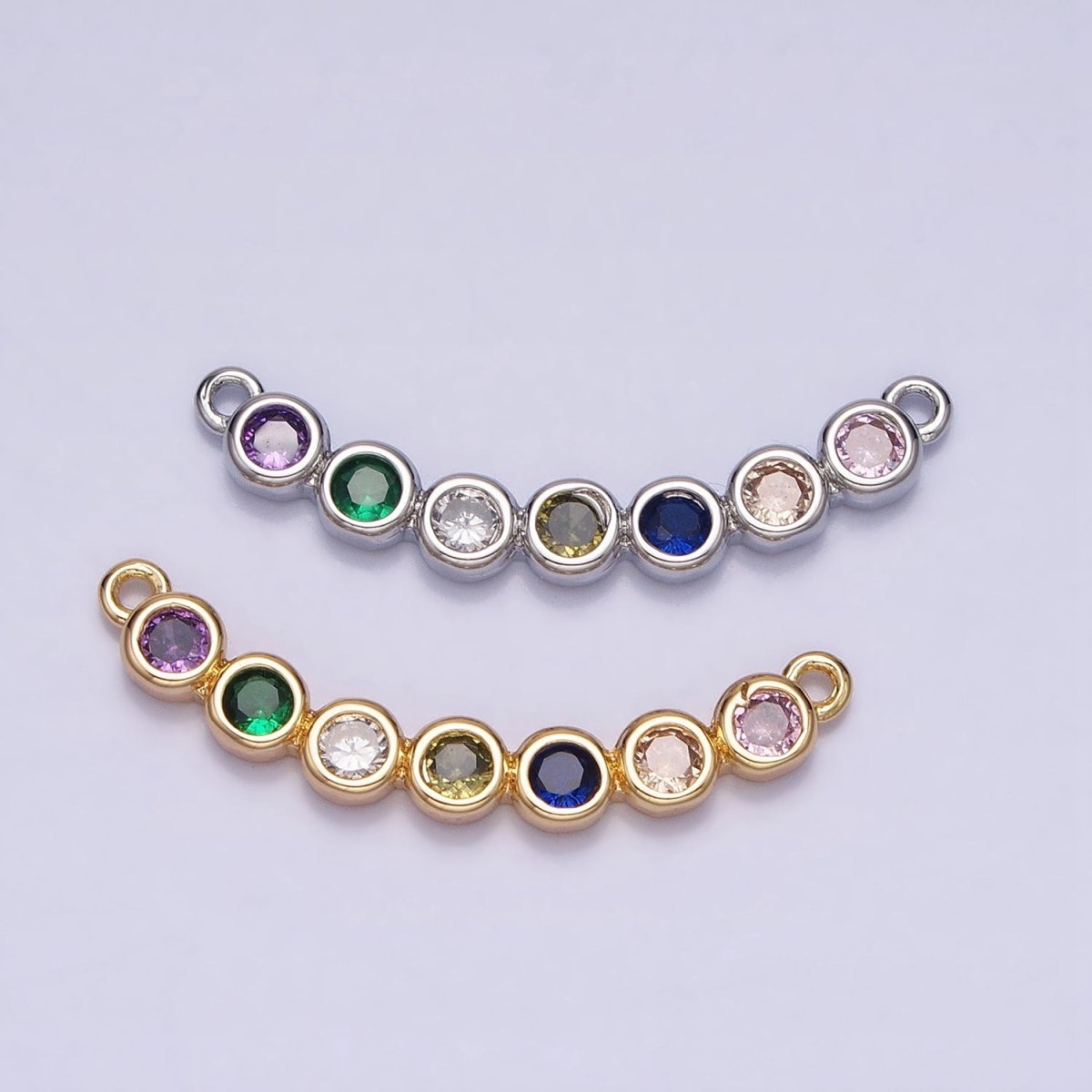 Gold, Silver Multicolor Round CZ Bezel Lined Curved Connector | Y-855
