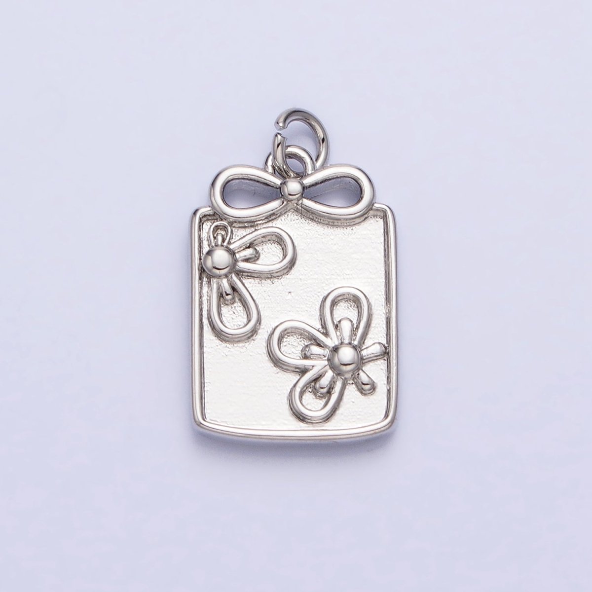 Gold, Silver Nature Flower Ribbon Bow Rectangular Tag Charm | AC387 AC388