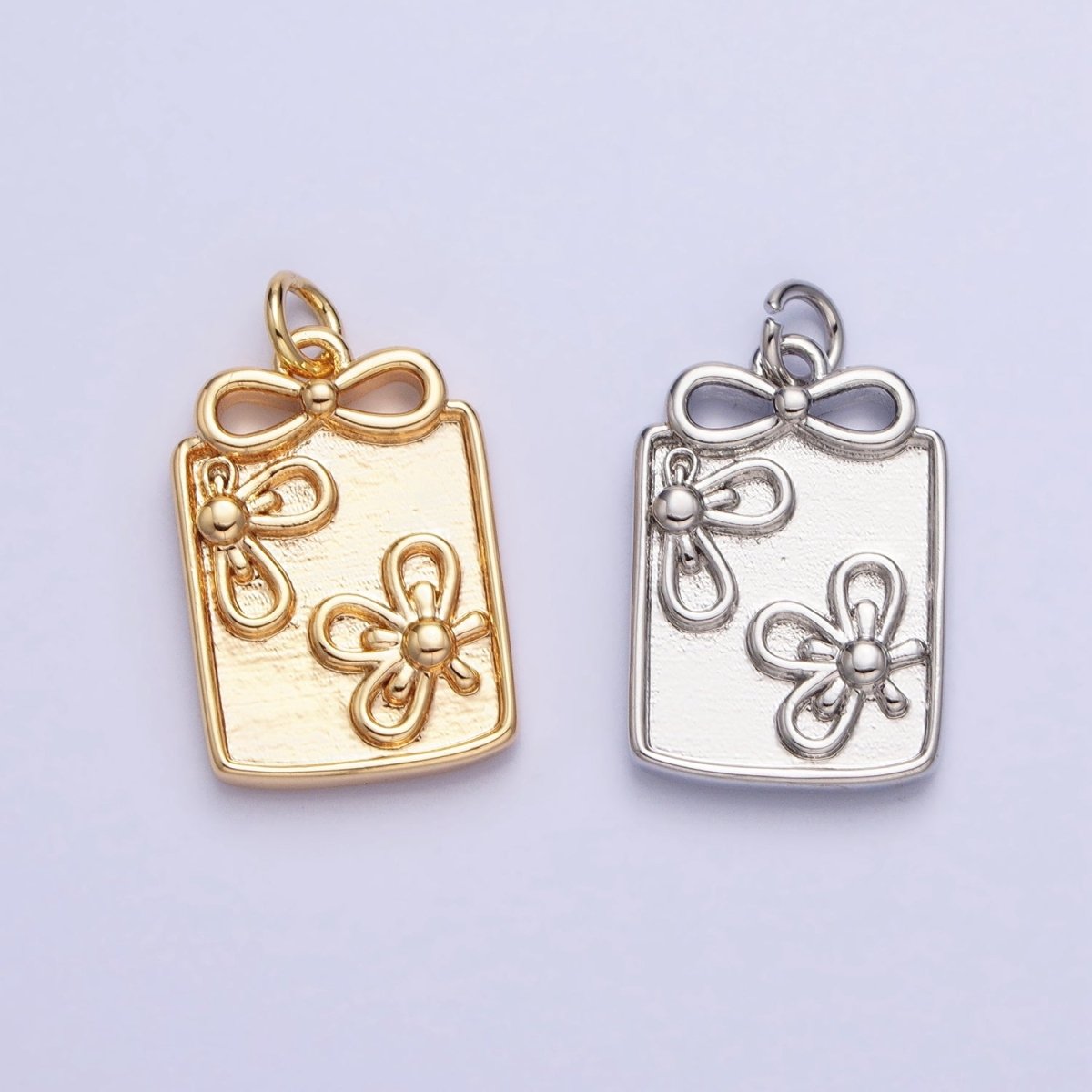 Gold, Silver Nature Flower Ribbon Bow Rectangular Tag Charm | AC387 AC388