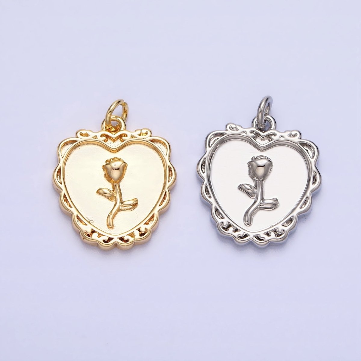 Gold, Silver Nature Rose Flower Rounded Heart Charm | AC745 AC746