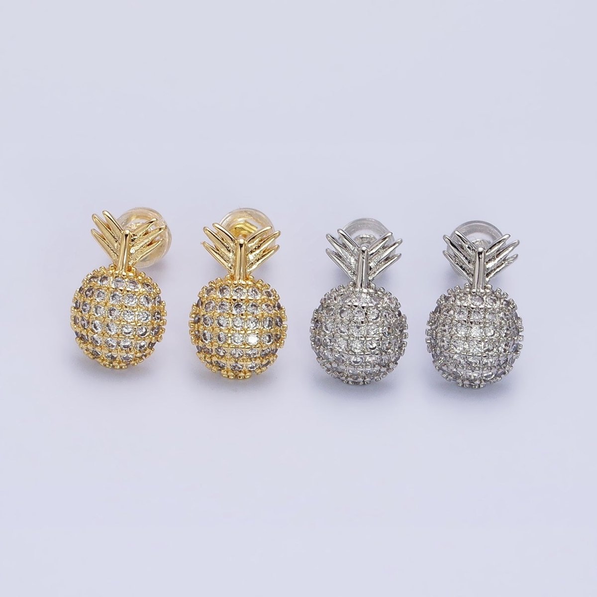 Gold, Silver Pineapple Tropical Fruit Micro Paved CZ Stud Earrings | AB629 AB630