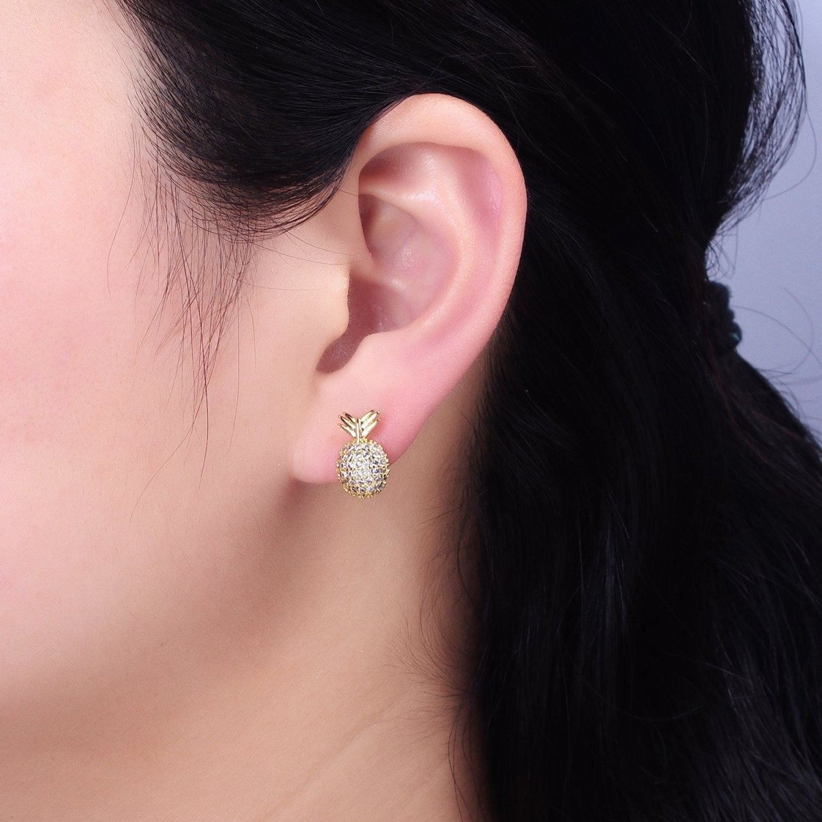 Gold, Silver Pineapple Tropical Fruit Micro Paved CZ Stud Earrings | AB629 AB630