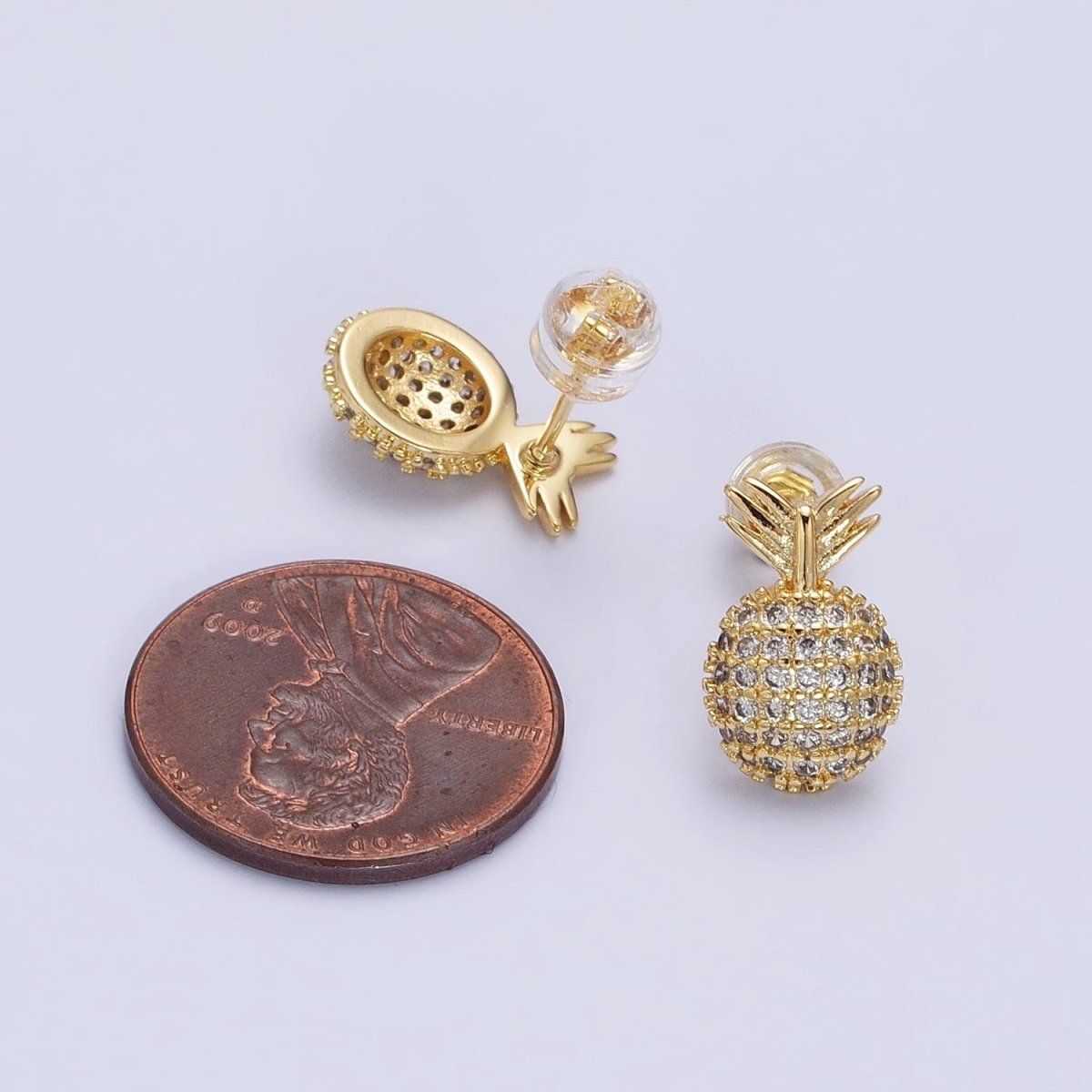 Gold, Silver Pineapple Tropical Fruit Micro Paved CZ Stud Earrings | AB629 AB630