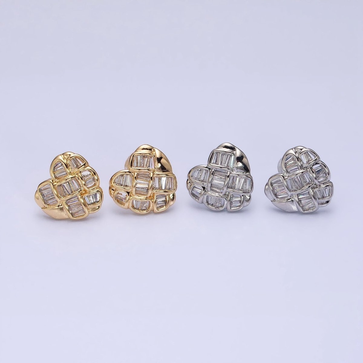 Gold, Silver Puffed Heart Clear Square Lined CZ Statement Stud Earrings in Gold & Silver | AD935 AD936