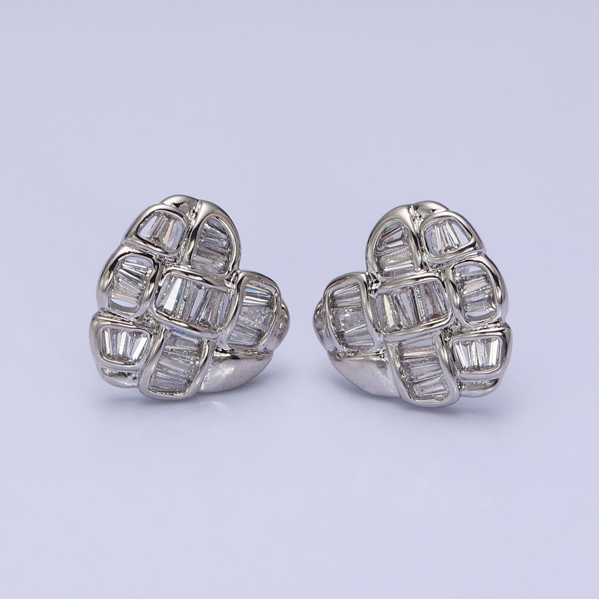 Gold, Silver Puffed Heart Clear Square Lined CZ Statement Stud Earrings in Gold & Silver | AD935 AD936