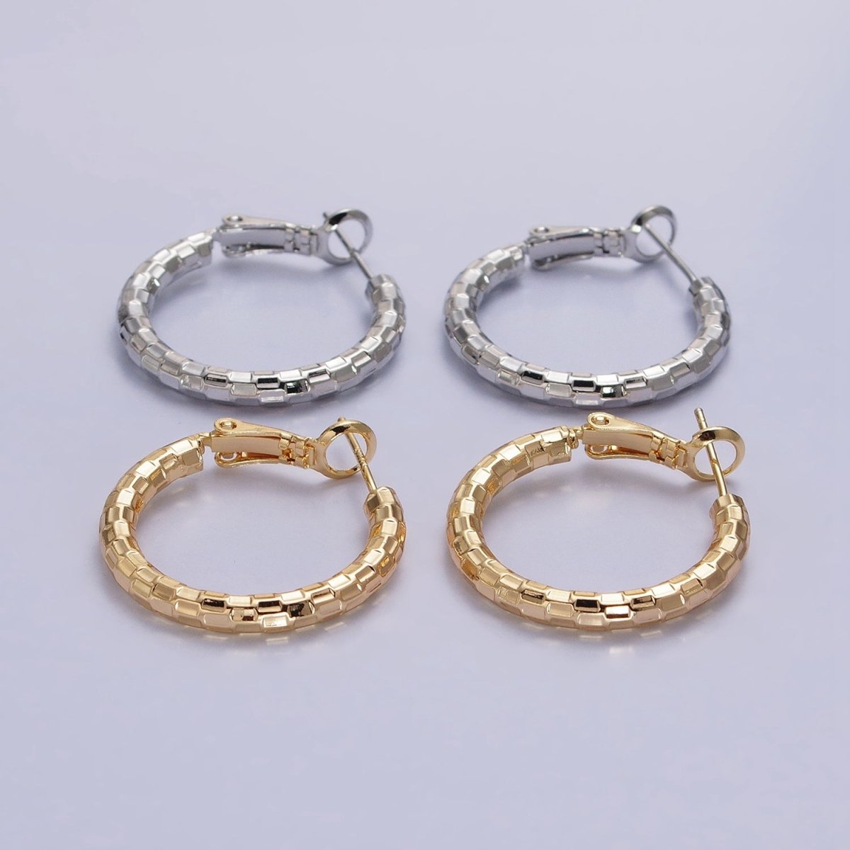 Gold, Silver Rectangular Bar Edged Textured 25mm, 20mm Hinge Latch Earrings | AB623 - AB626