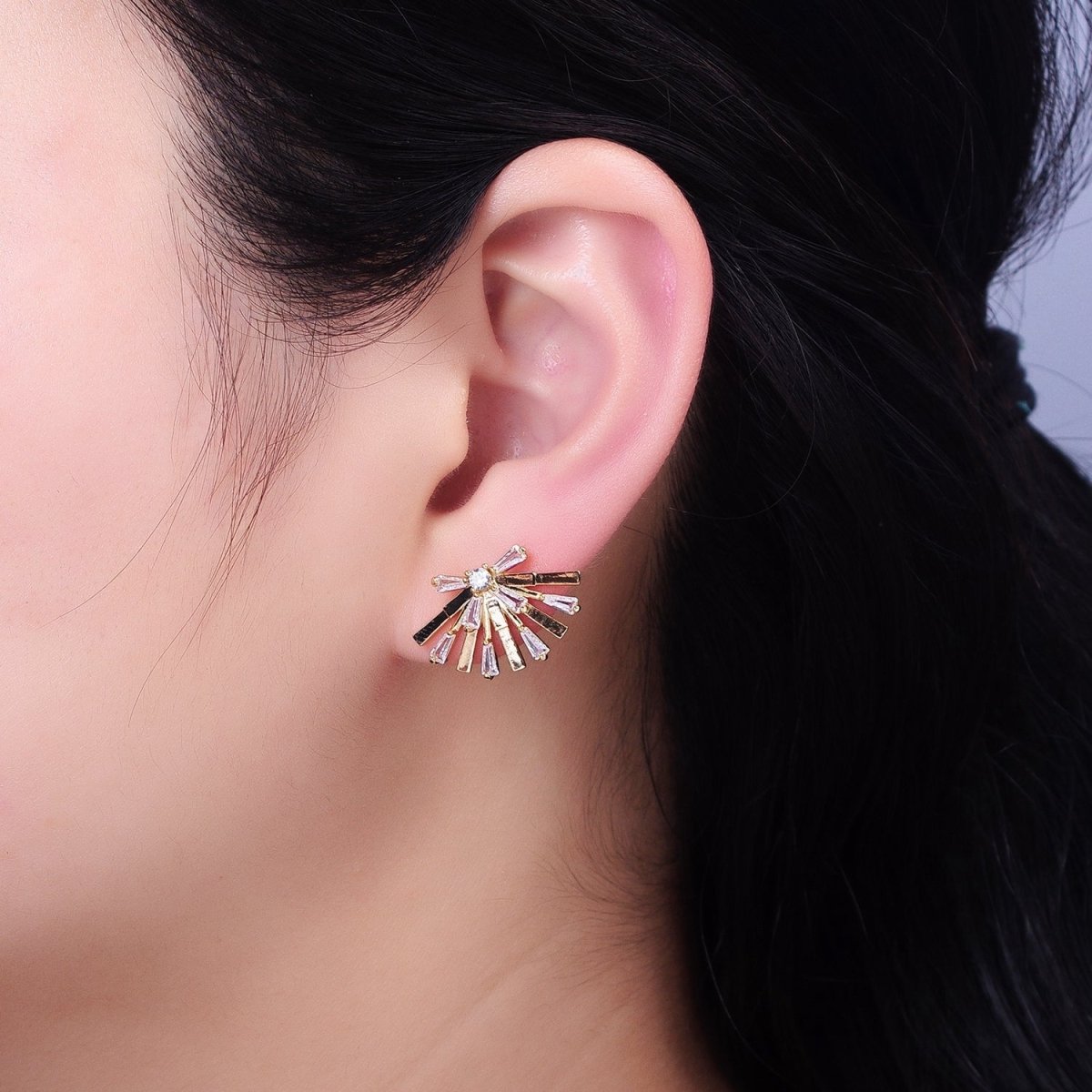 Gold, Silver Rectangular Clear CZ Baguette Geometric Fan Stud Earrings | AB635 AB636