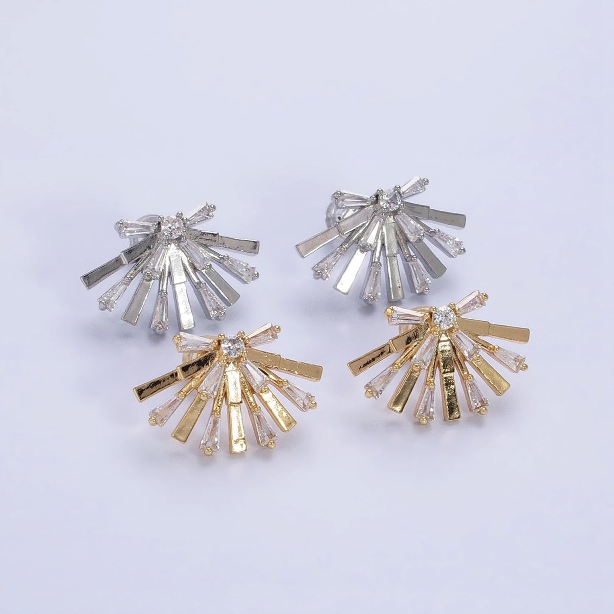 Gold, Silver Rectangular Clear CZ Baguette Geometric Fan Stud Earrings | AB635 AB636