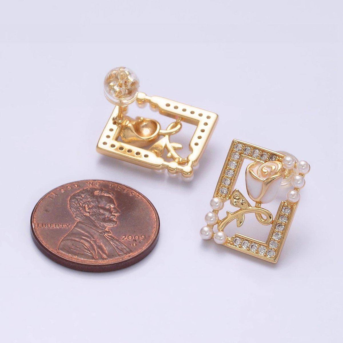 Gold, Silver Rose Flower White Enamel Pearl Micro Paved Open Rectangular Stud Earrings | AD970 AD971