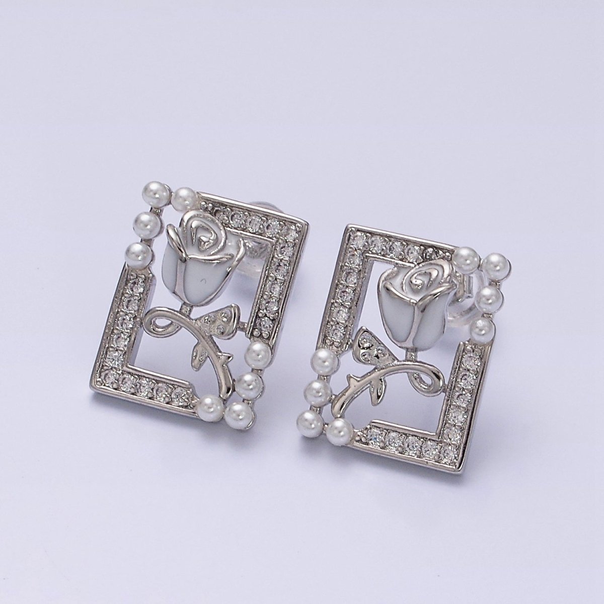 Gold, Silver Rose Flower White Enamel Pearl Micro Paved Open Rectangular Stud Earrings | AD970 AD971