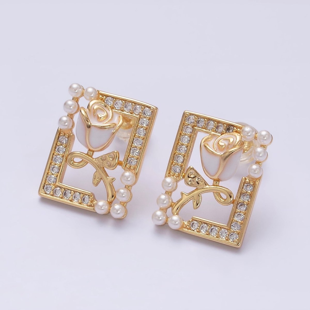 Gold, Silver Rose Flower White Enamel Pearl Micro Paved Open Rectangular Stud Earrings | AD970 AD971