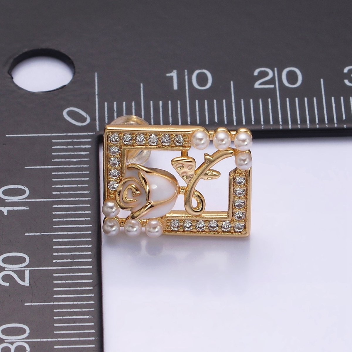 Gold, Silver Rose Flower White Enamel Pearl Micro Paved Open Rectangular Stud Earrings | AD970 AD971
