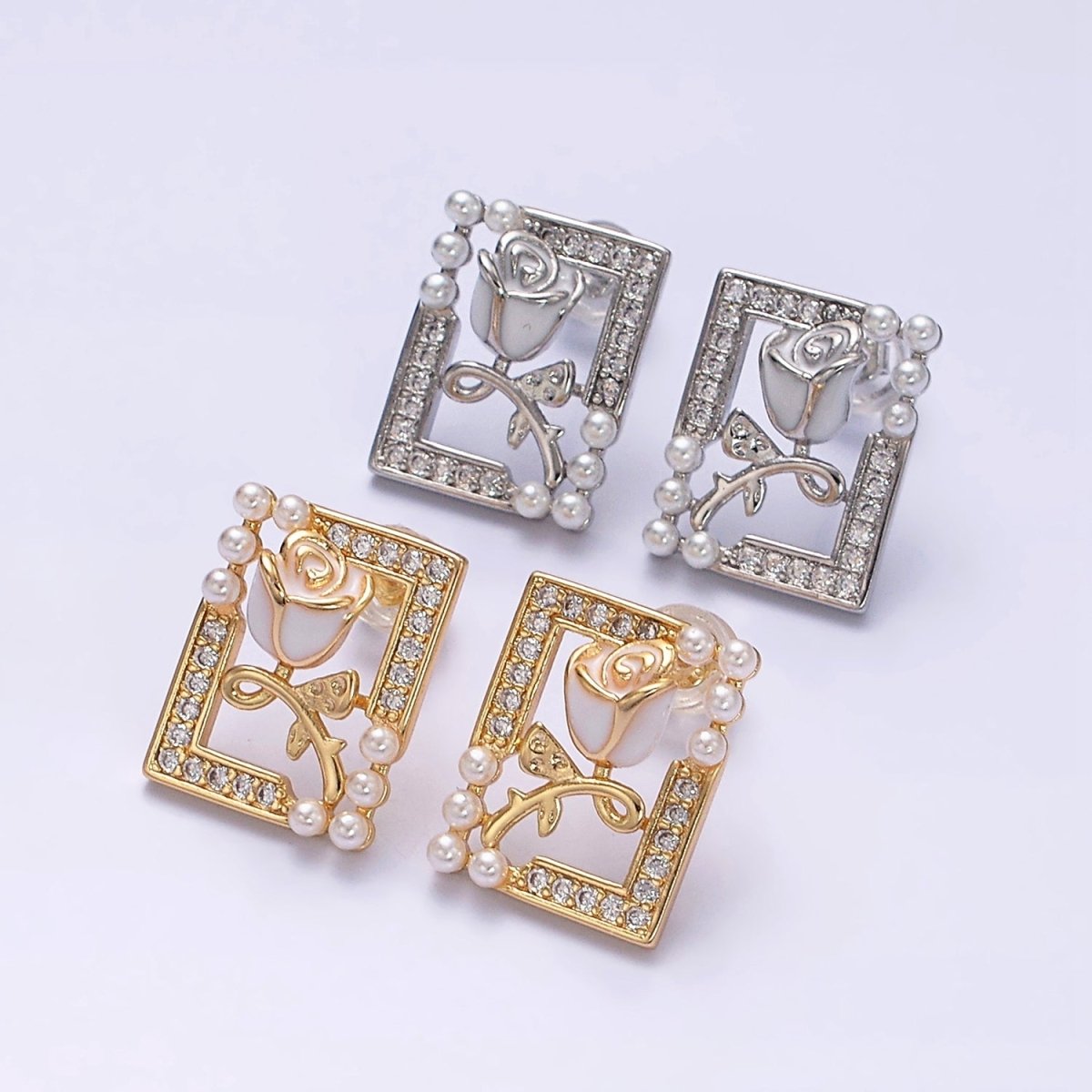 Gold, Silver Rose Flower White Enamel Pearl Micro Paved Open Rectangular Stud Earrings | AD970 AD971