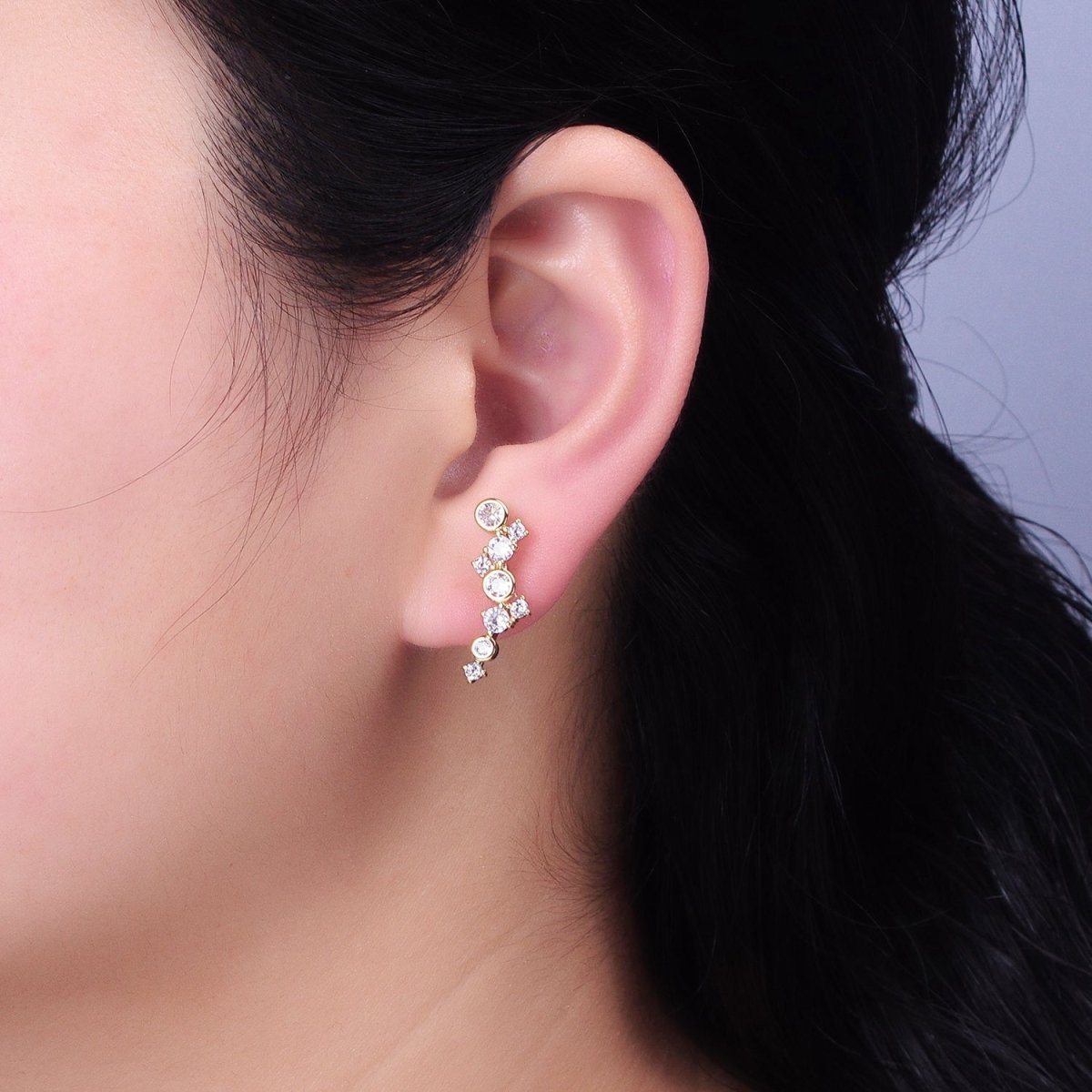 Gold, Silver Round Clear Bezel CZ Stars Abstract Lined Stud Earrings | AB578 AB579