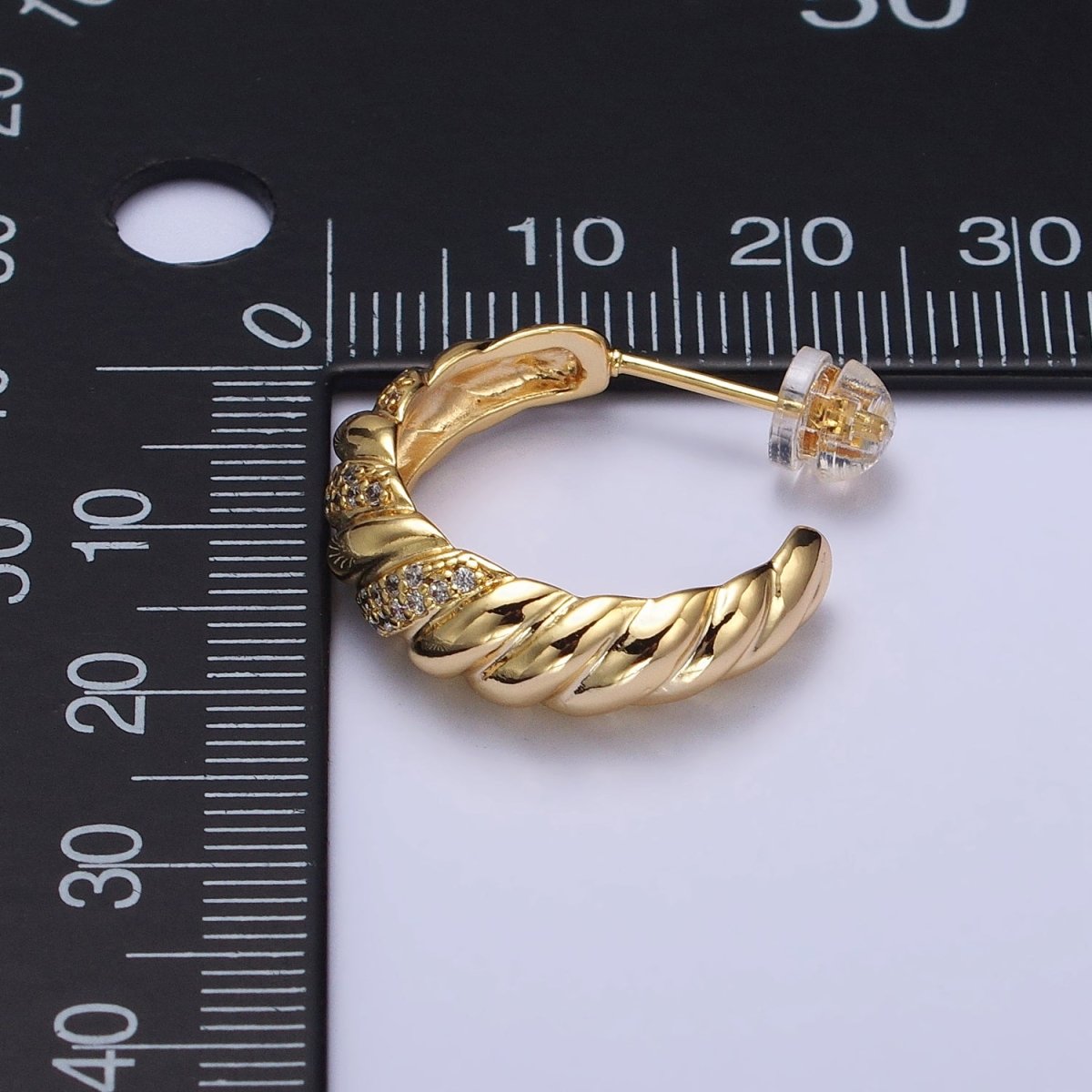 Gold, Silver Triple Micro Paved CZ Croissant C-Shaped Hoop Earrings | AB482 AB731