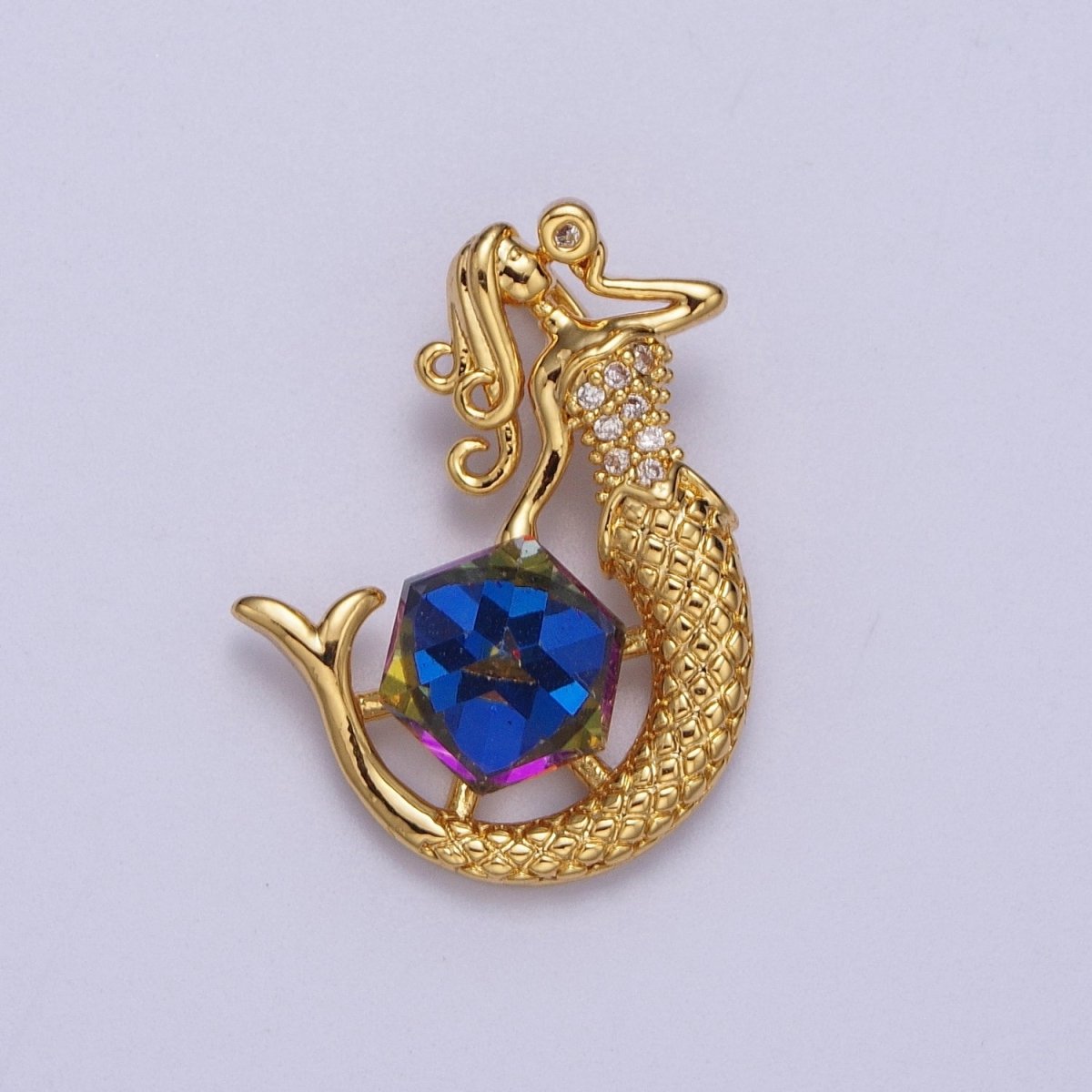 Gold Singing Mermaid with Hexagonal Cubic Zirconia Treasure Pendant For DIY Jewelry Making | X-677