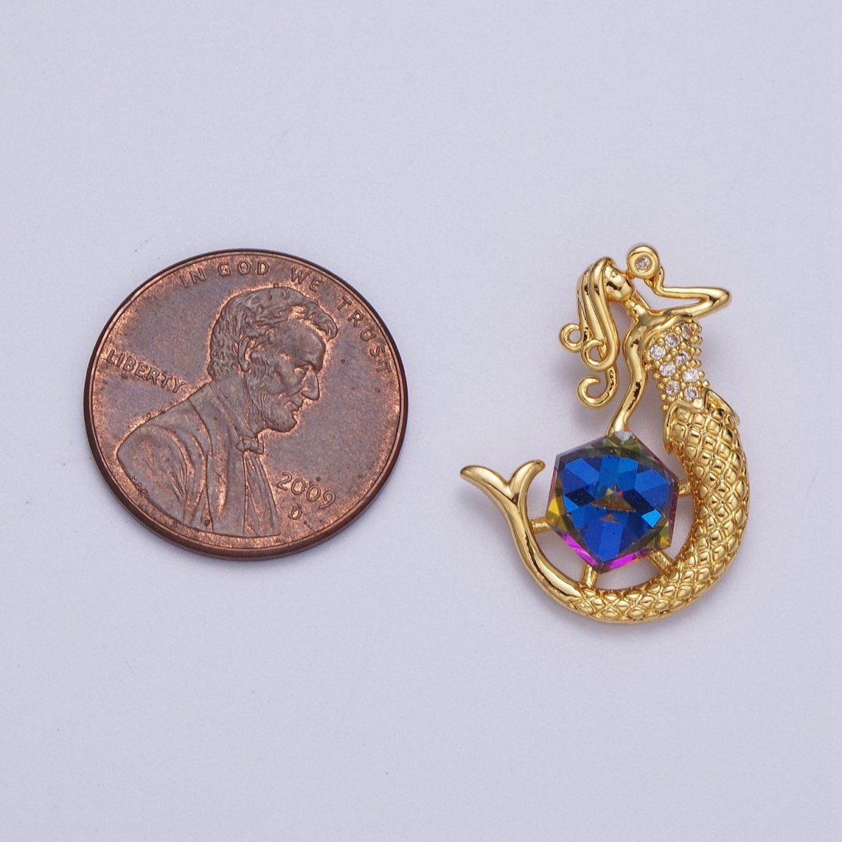 Gold Singing Mermaid with Hexagonal Cubic Zirconia Treasure Pendant For DIY Jewelry Making | X-677