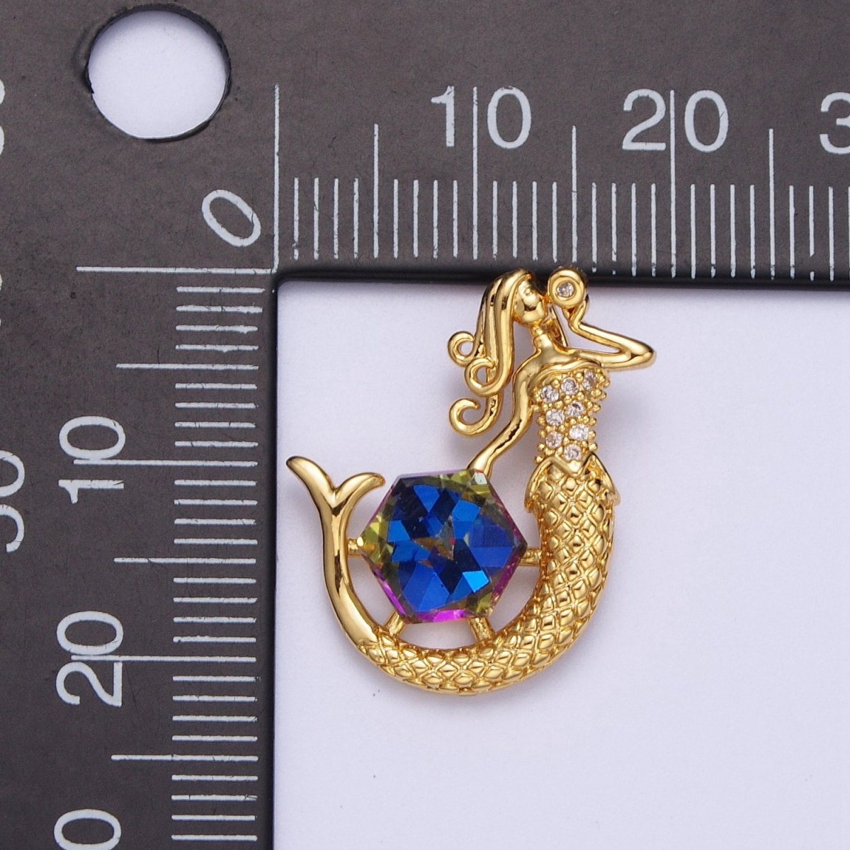 Gold Singing Mermaid with Hexagonal Cubic Zirconia Treasure Pendant For DIY Jewelry Making | X-677